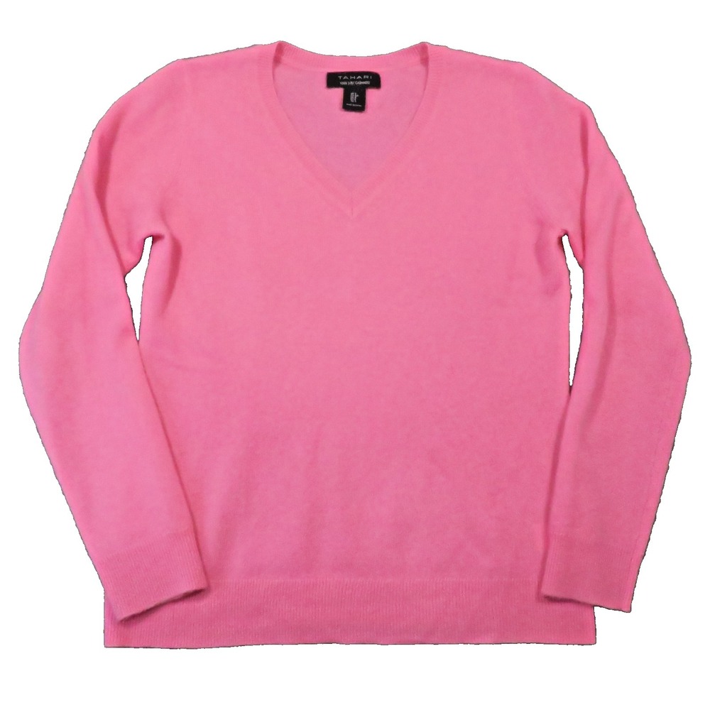 Tahari Cashmere Sweater S Pink V Neck Knit Luxe Preppy Bright Classic Academia